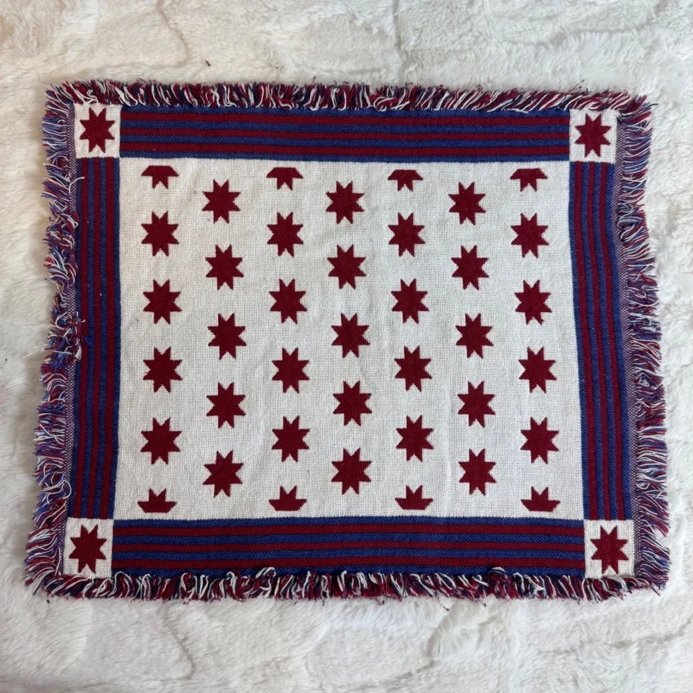 Vintage Americana Star Stripes Woven Fringed Placemats Set of 2 Red White Blue